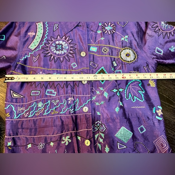Vintage Chicos Purple Silk Button Down Embroidered Patterned Jacket Size 1 - Picture 8 of 11